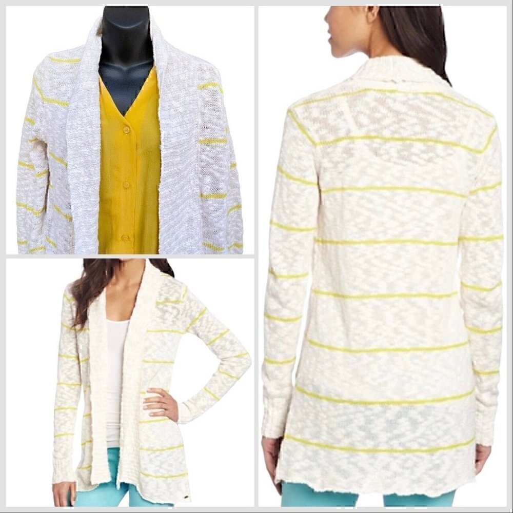 O’Neill Open Knit Cardigan Loose Knit White Yellow Stripes Women’s S Beach Surf